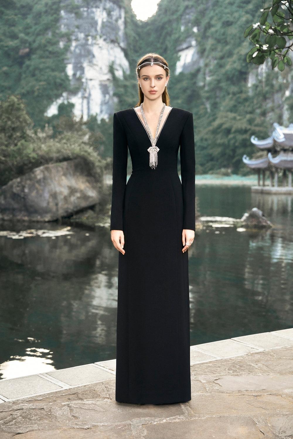 Long Sleeve Back Slit Dress - TRACY COUTURE